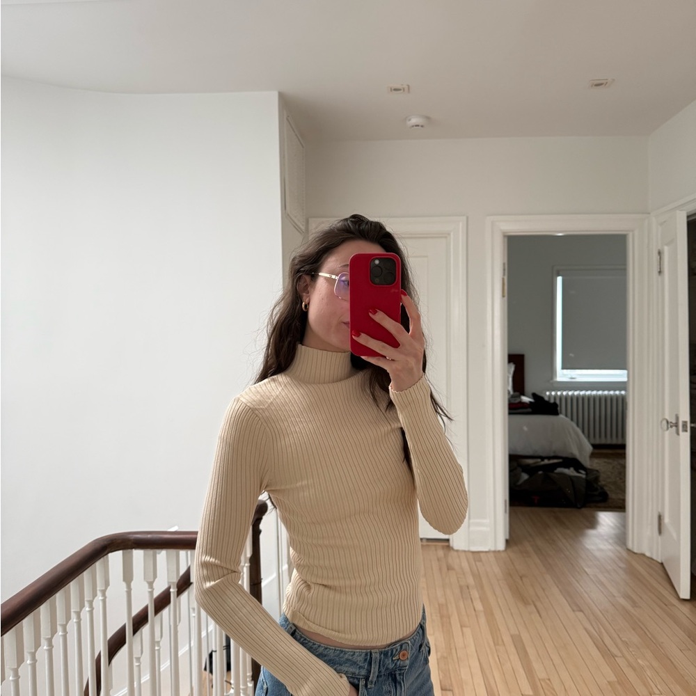 Zara Cream beige Ribbed Knit turtleneck Top